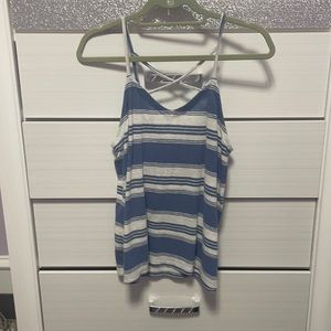 Blue and white tank top.